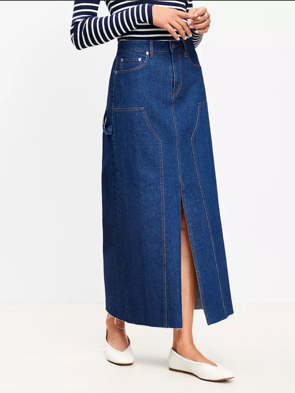 LOFT High-Rise Dark Blue Denim Utility Raw Hem Maxi Skirt Size 4 NWT